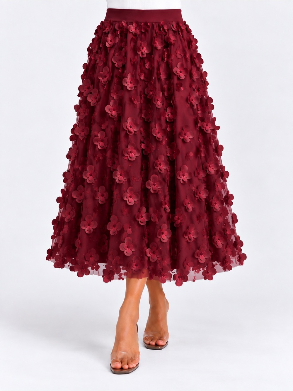 Burgundy 3D Floral Appliqué Tulle Midi Skirt Small Romantic Formal